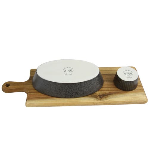 Gibson Elite Gracious Dining 3-piece Reactive Fine Ceramic Bowl Set With Acacia Wood Tray In Gray
