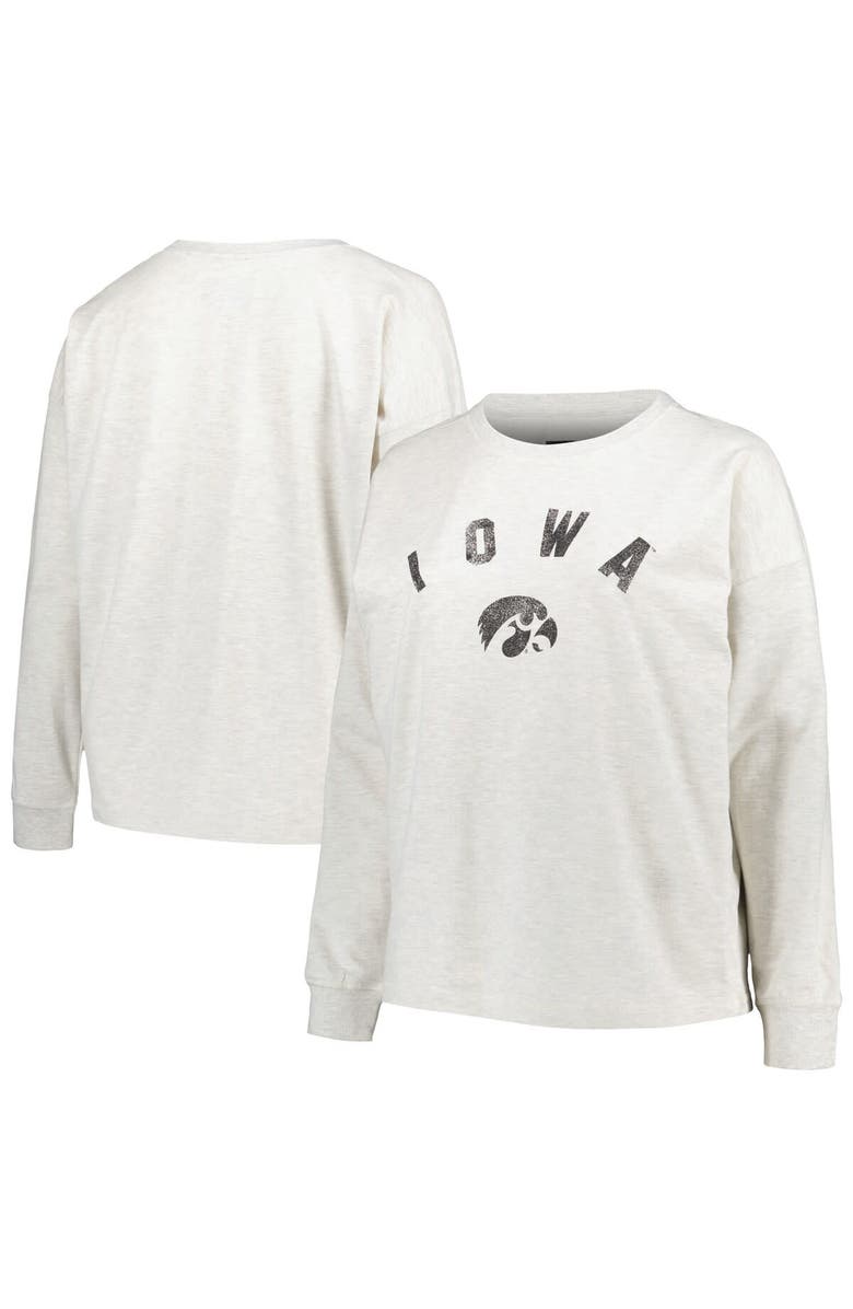 PROFILE Women's Profile Oatmeal Iowa Hawkeyes Plus Size Distressed Arch Over Logo Neutral Boxy Pullover Sweatshirt, Alternate, color, 