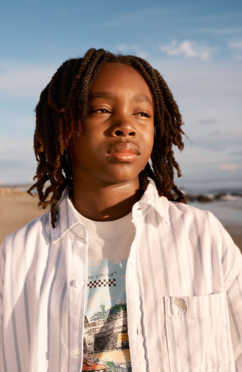 abercrombie kids Kids' Oversize Icon Stripe Short Sleeve Cotton Button-Up Shirt, Alternate, color, Blue Fog