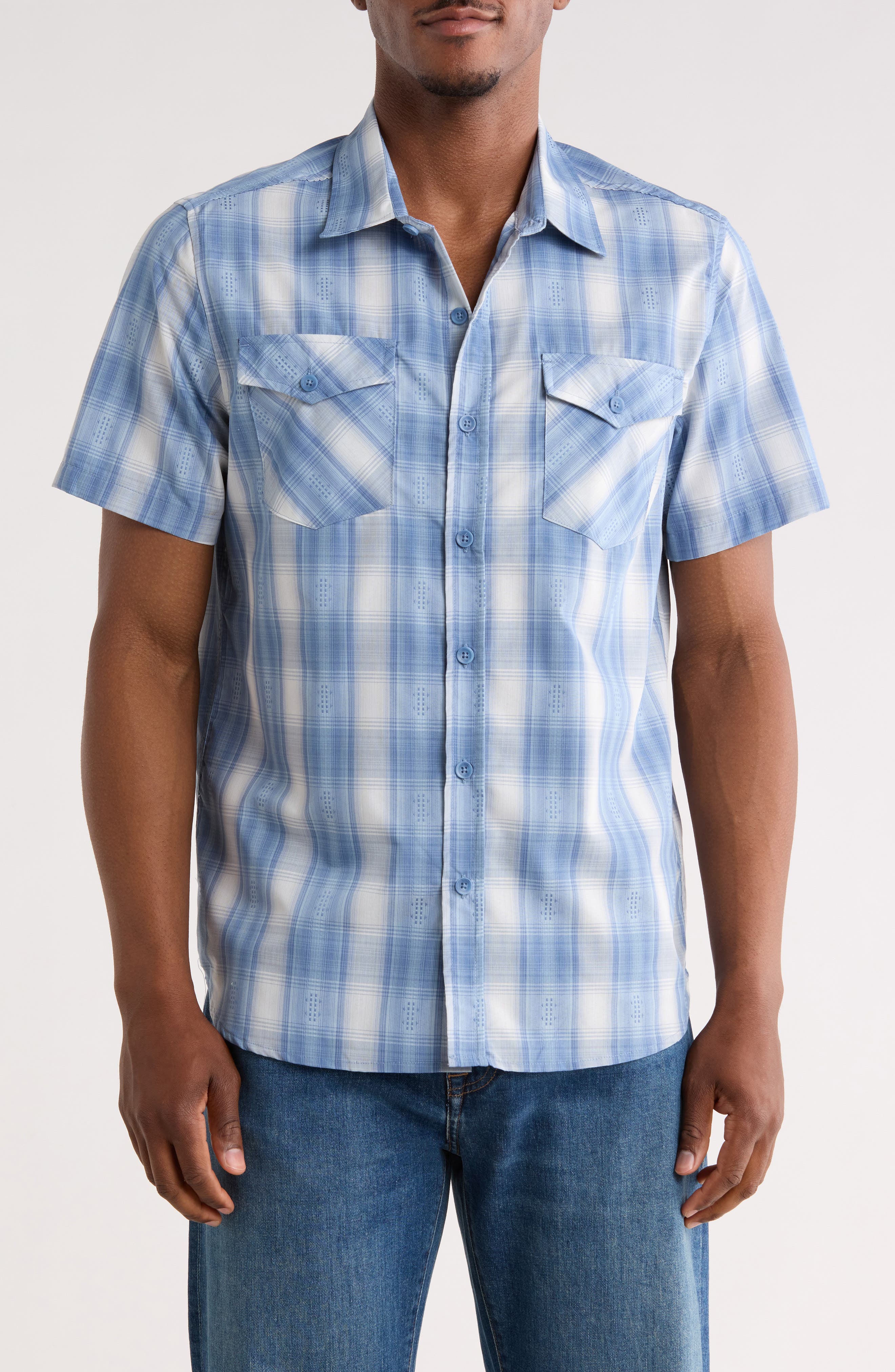 Plaid Short Sleeve Dobby Button-Up Shirt
