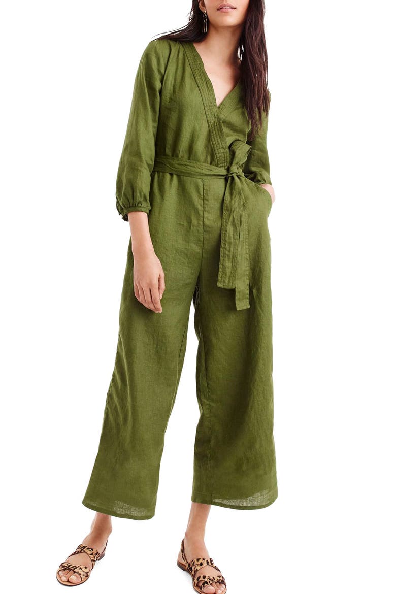 Point Sur Faux Wrap Linen Jumpsuit, Main, color, DARK SEAWEED
