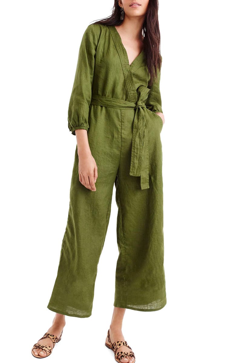 J.Crew Point Sur Faux Wrap Linen Jumpsuit, Main, color, 