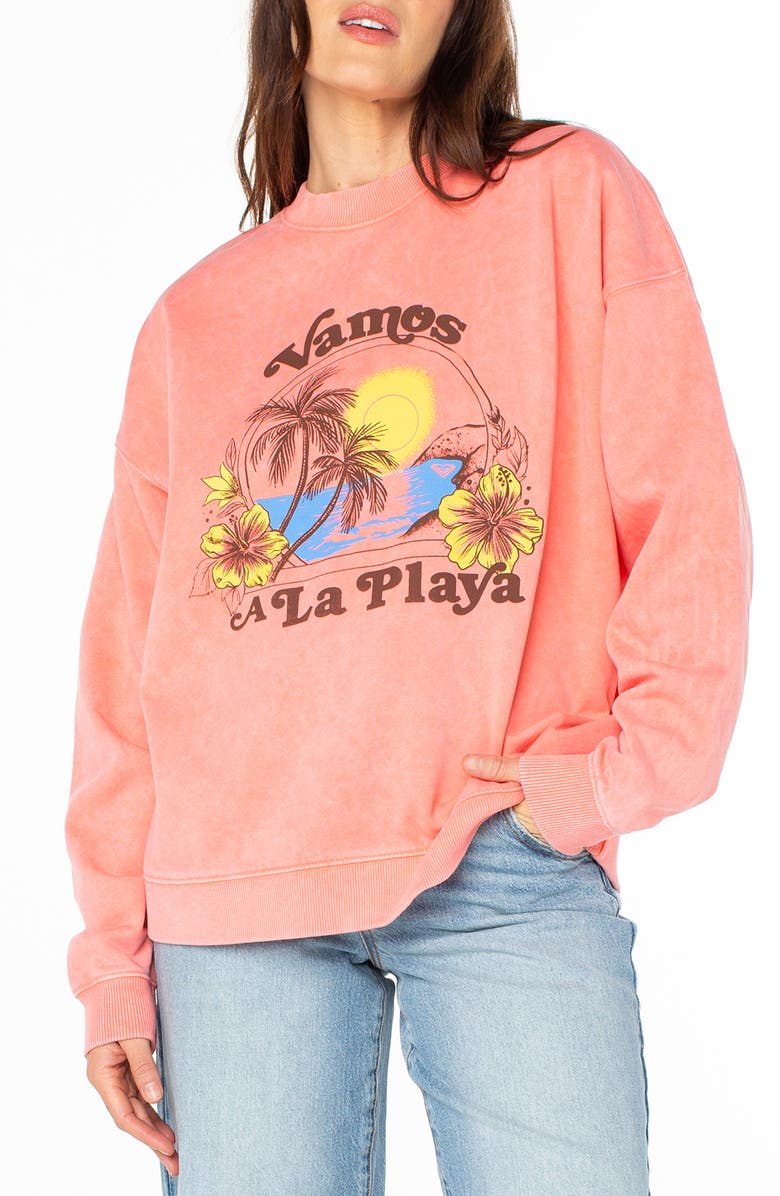 Roxy Line-Up Playa Oversize Graphic Sweatshirt, Main, color, Sugar Coral Solid