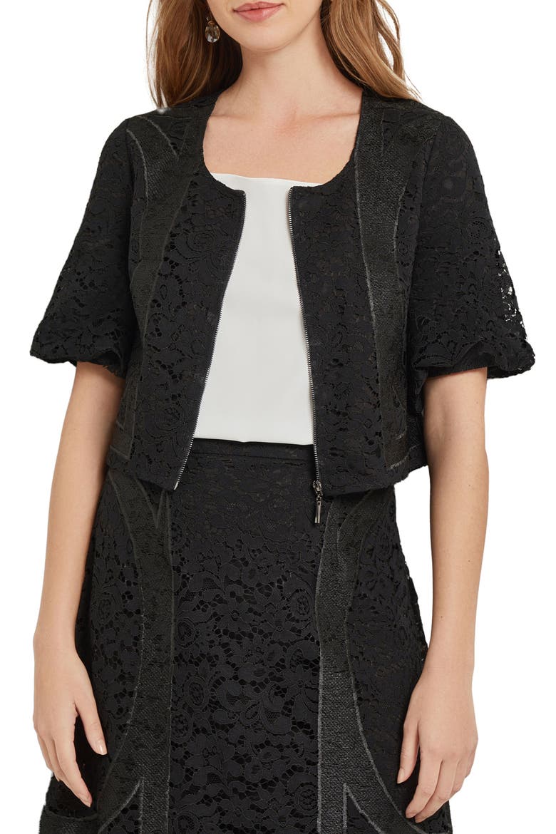 Lace Front Zip Top, Alternate, color, BLACK