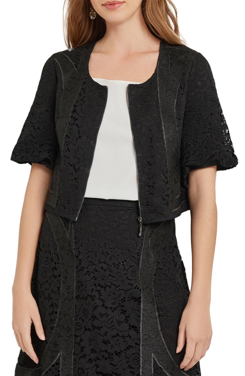 Misook Lace Front Zip Top, Alternate, color, Black