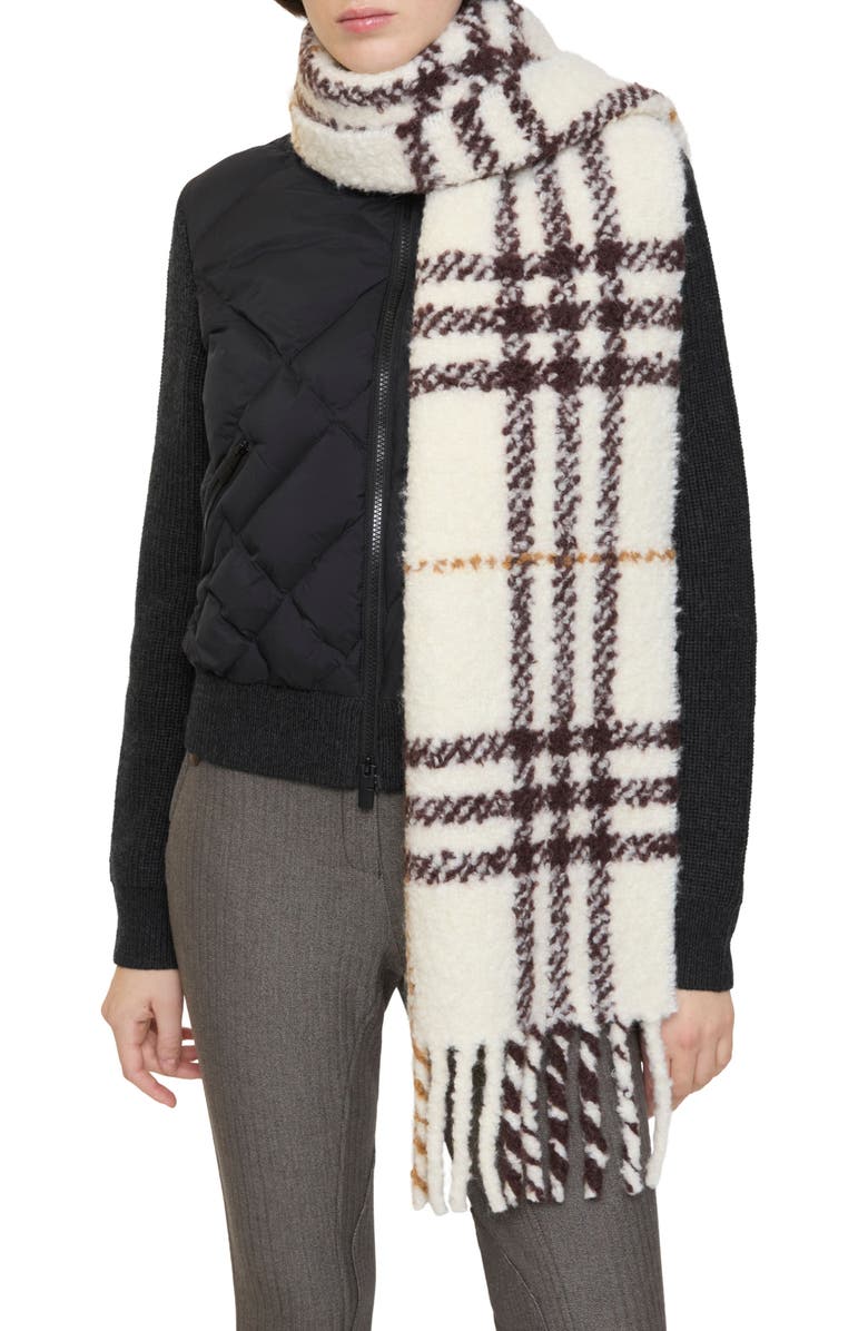 Burberry Check Alpaca & Wool Blend Bouclé Fringe Scarf, Main, color, Pebble White