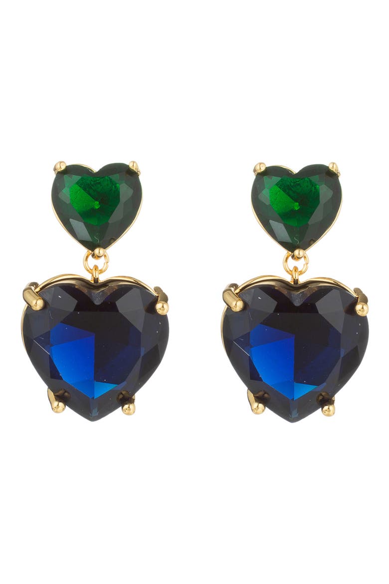 Beatrice Two Tone CZ Heart Drop Earrings, Main, color, BLUE