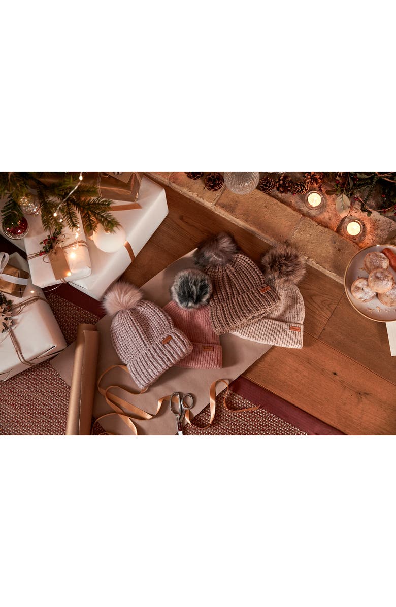 Barbour Saltburn Knit Beanie with Faux Fur Pom, Alternate, color, Mink