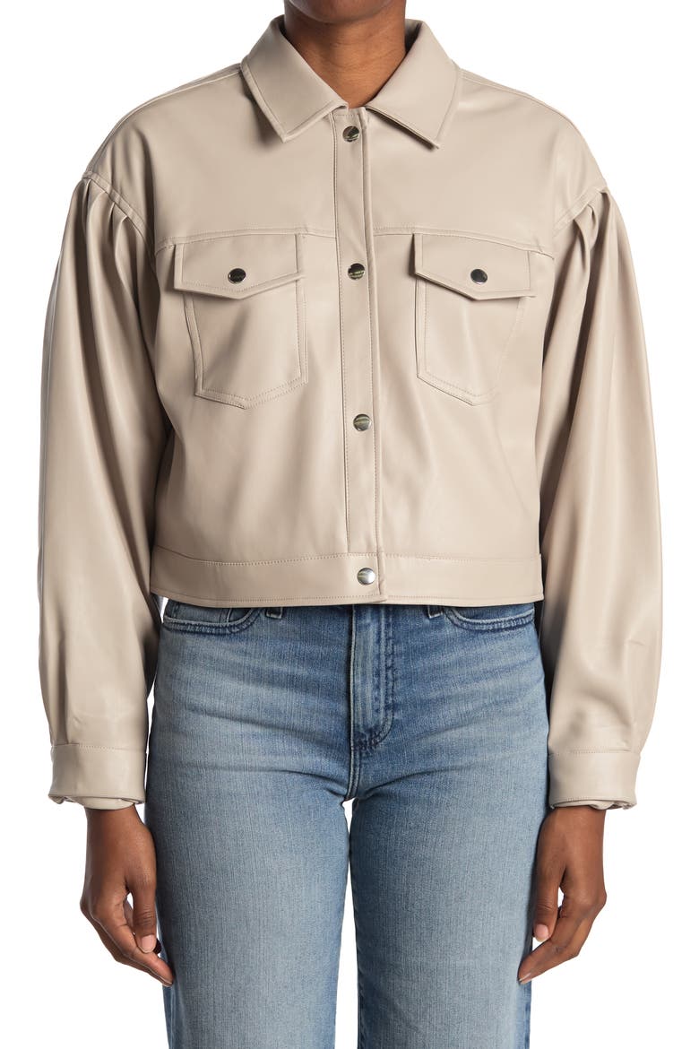 Faux Leather Button Front Jacket, Alternate, color, PALE GREY