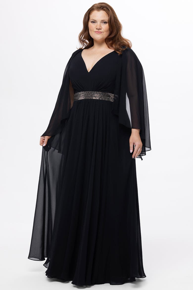 Long Cape Sleeve V-Neck Plus Size Dress, Alternate, color, Black