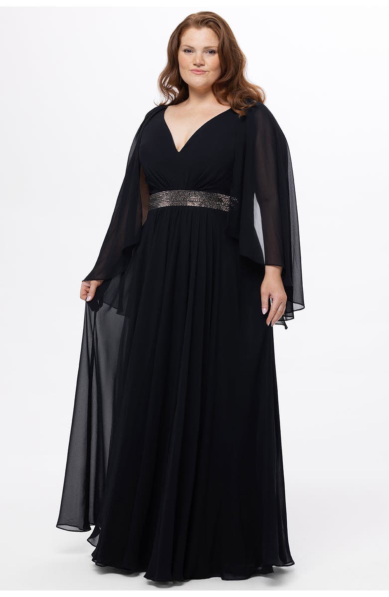 Celebrations by Sydney's Closet Long Cape Sleeve V-Neck Plus Size Dress, Alternate, color, Black