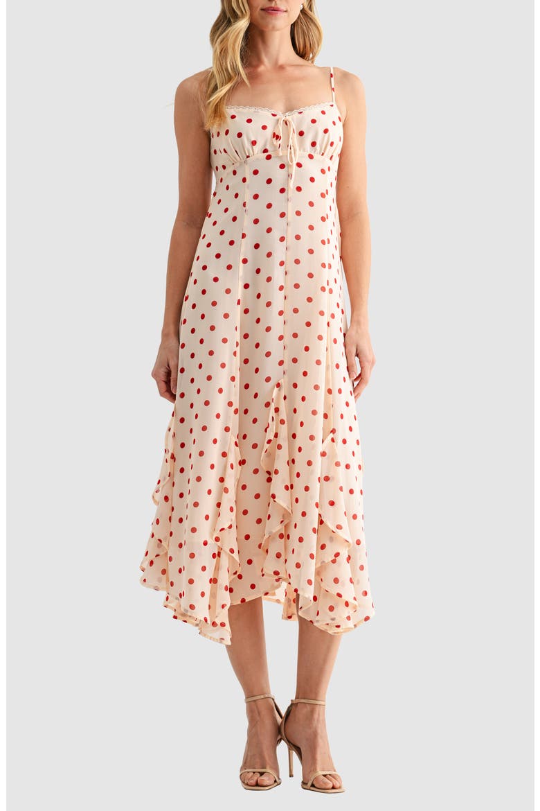 Ruffle Handkerchief Hem Midi Dress, Main, color, CREAM BURGUNDY DOT