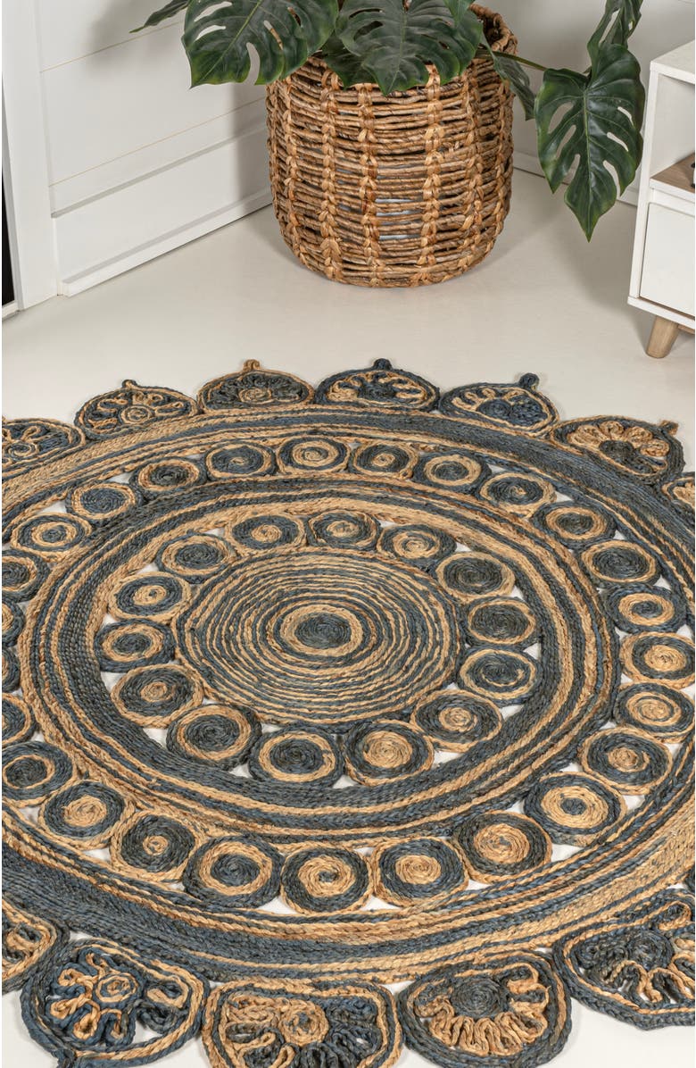 JONATHAN Y Flora Medallion Contemporary Bohemian Round Jute Round Area Rug, Alternate, color, Blue/Natural