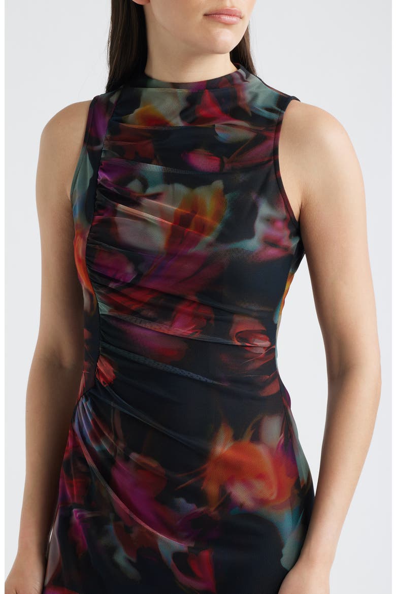 Ruched Floral Print Cocktail Dress, Alternate, color, BLACK MULTI