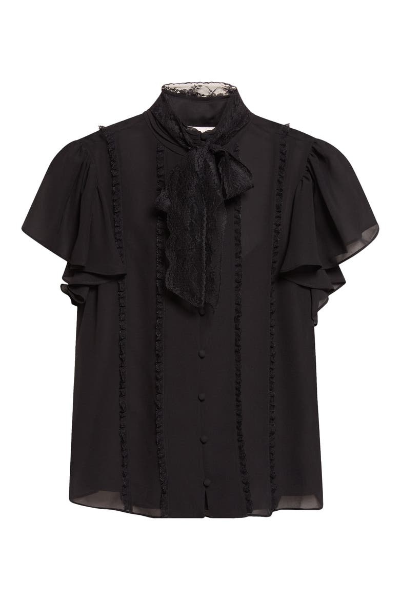 Virelle Lace Trim Tie Neck Top, Main, color, BLACK