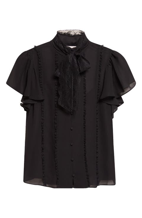 Virelle Lace Trim Tie Neck Top