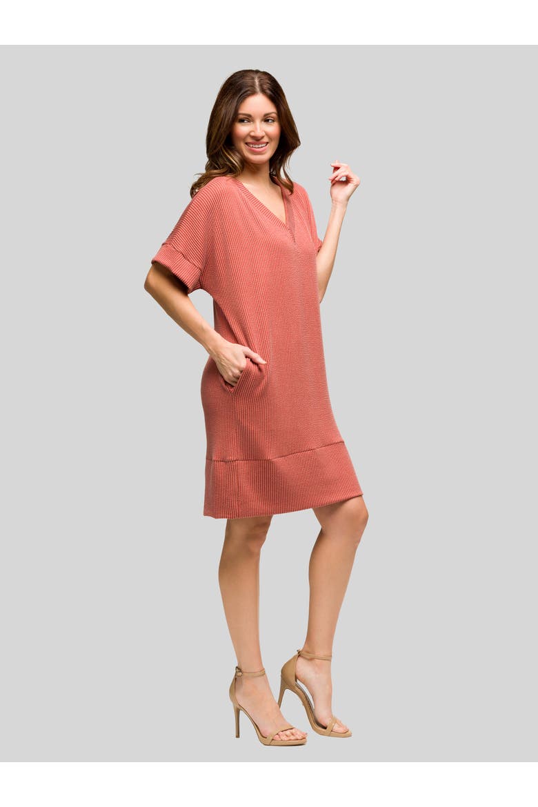 Womens Ribbed Knit V Neck Short Dolman Sleeve, Alternate, color, Brick