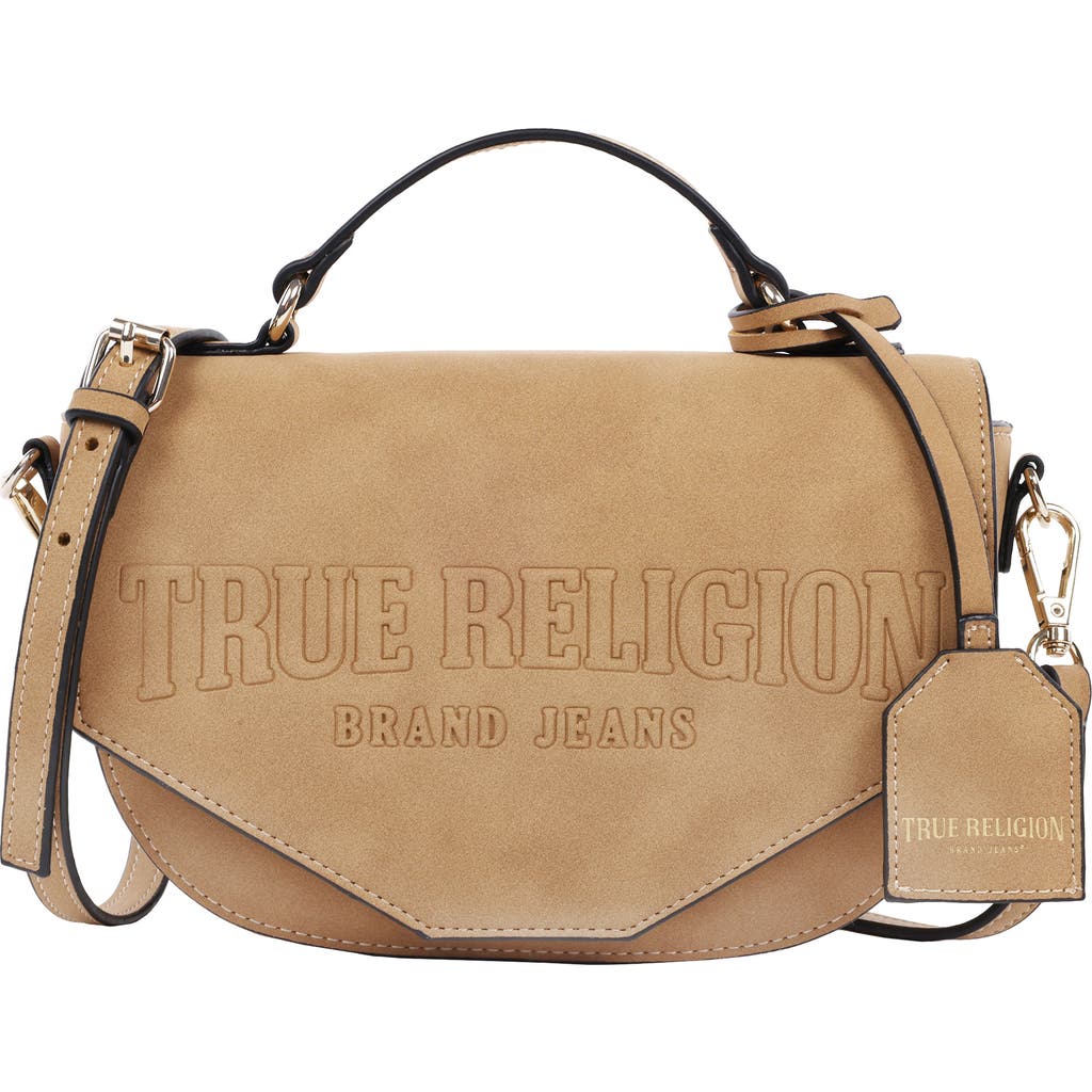 True Religion Trapunto Logo Suede Flap Crossbody In Brown
