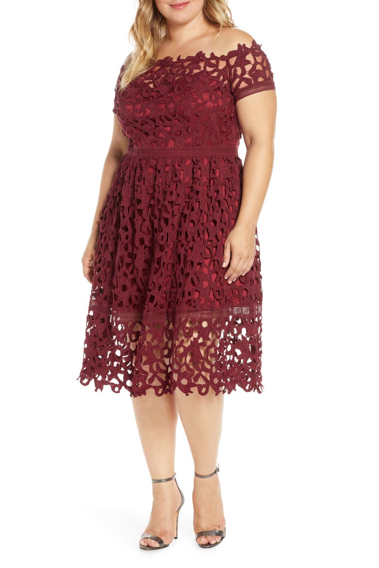 Curve Lizana Off the Shoulder Lace Cocktail Dress, Main, color, BURGUNDY