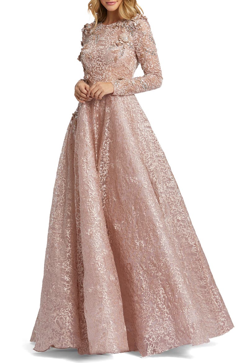 Embellished Illusion Long Sleeve A Line Gown, Main, color, MOCHA