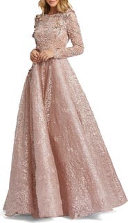 Mac Duggal Embellished Illusion Long Sleeve A Line Gown
