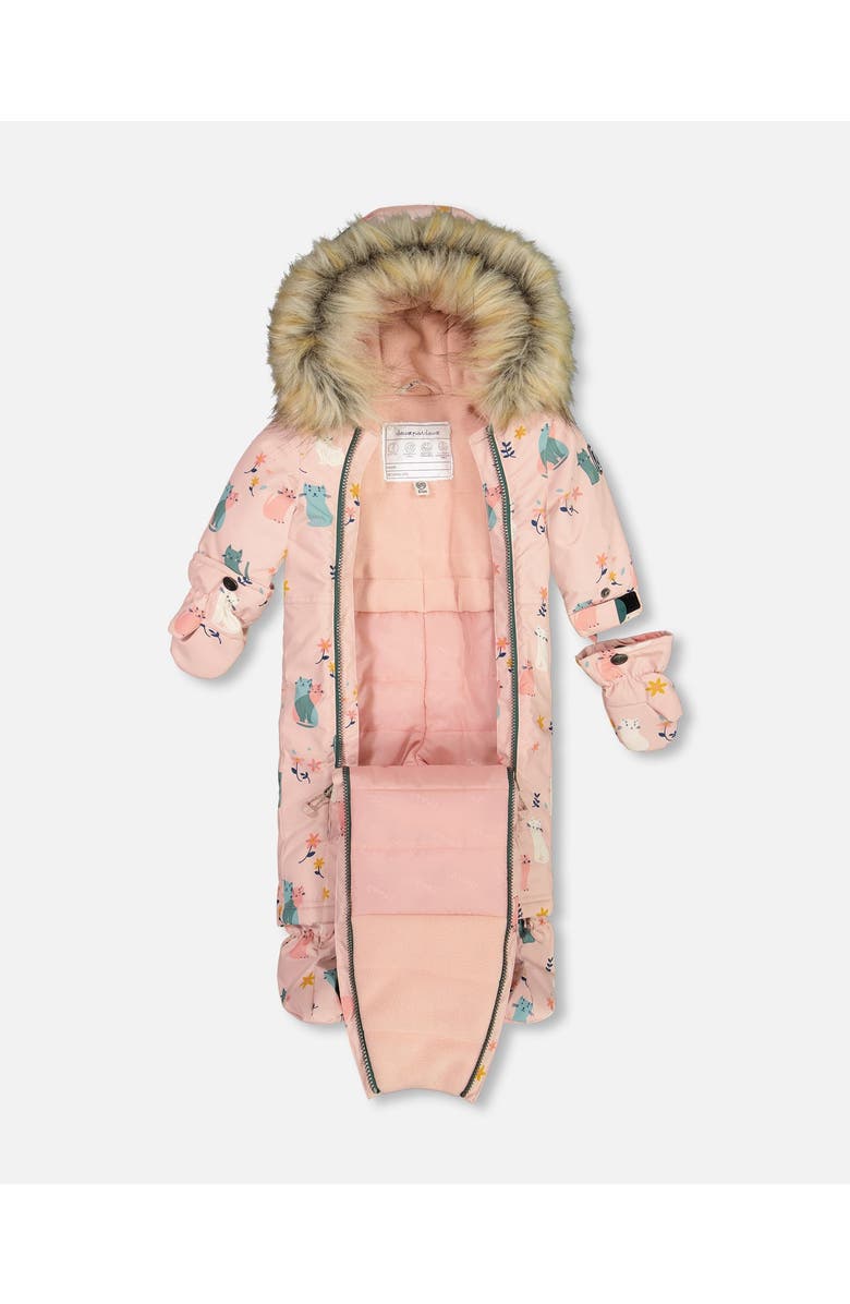 Deux par Deux Baby Girl's One Piece Baby Snowsuit Light Pink Printed Cats Designed For Car Seat, Alternate, color, 