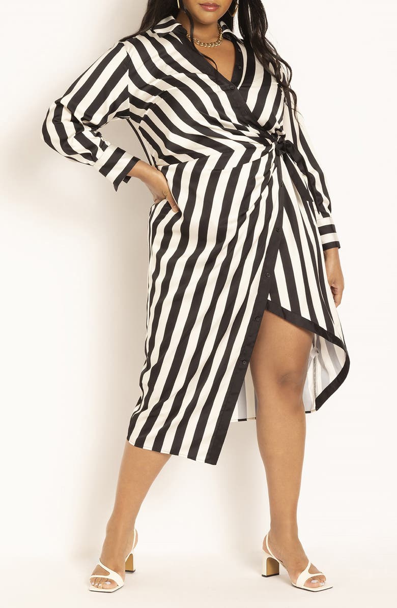 ELOQUII Mod Stripe Asymmetric Long Sleeve Shirtdress, Main, color, 
