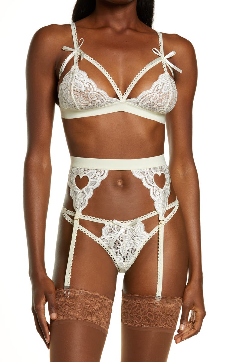 Mapale Lace Bralette, Garter Belt & Thong, Main, color, 