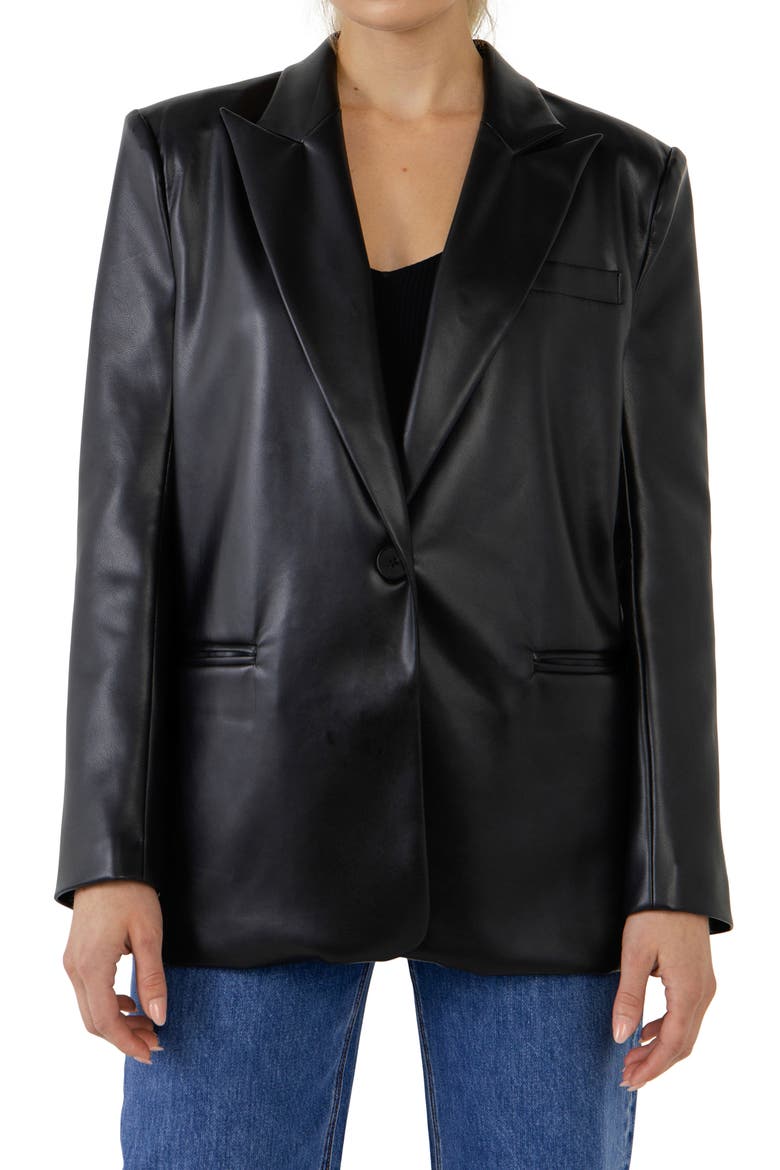 Oversize Faux Leather Blazer, Alternate, color, BLACK