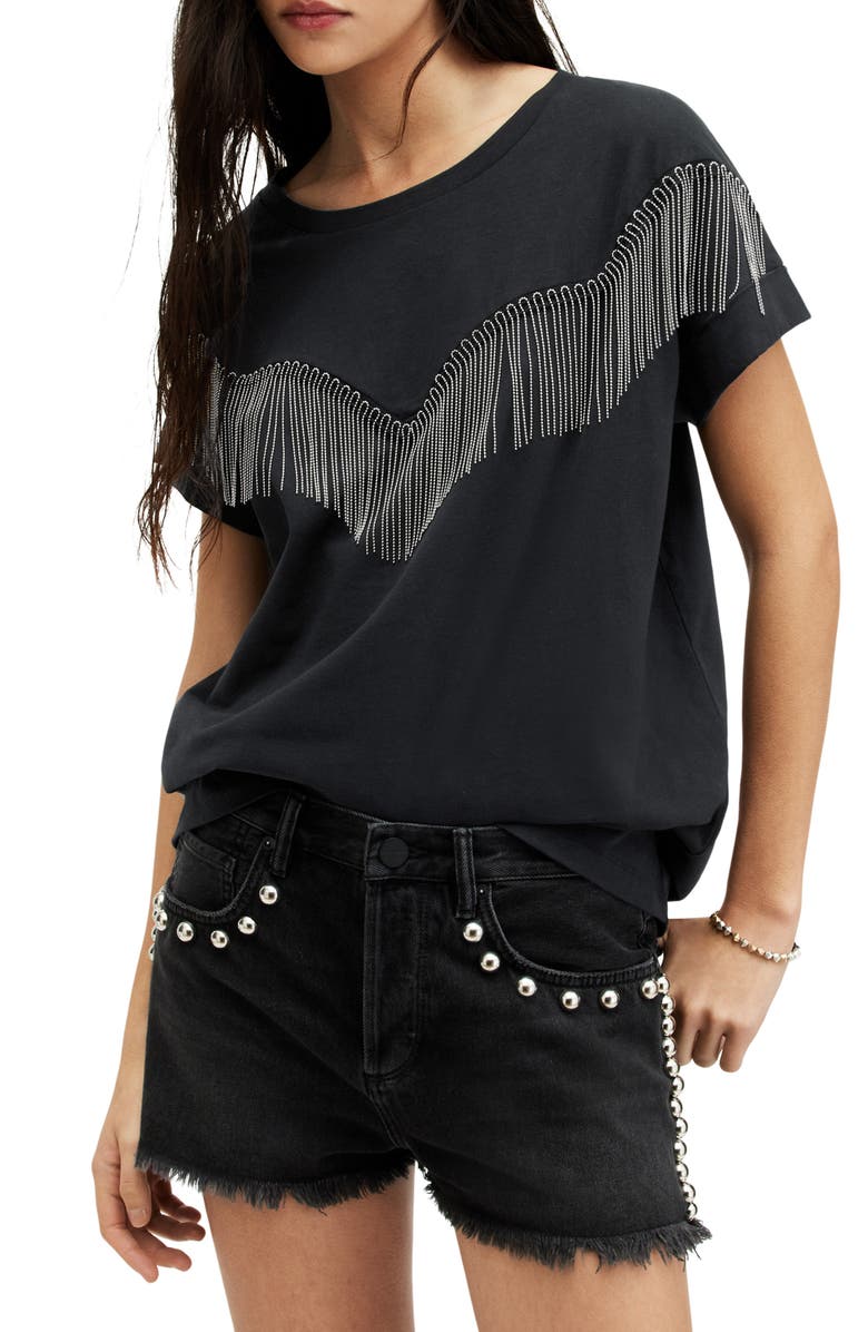AllSaints Imo Chain Fringe Cotton T-Shirt, Main, color, Black