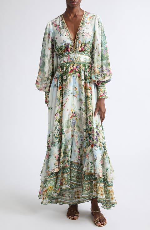 Floral Print Long Sleeve Button Front Silk Dress