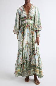 Camilla Floral Print Long Sleeve Button Front Silk Dress