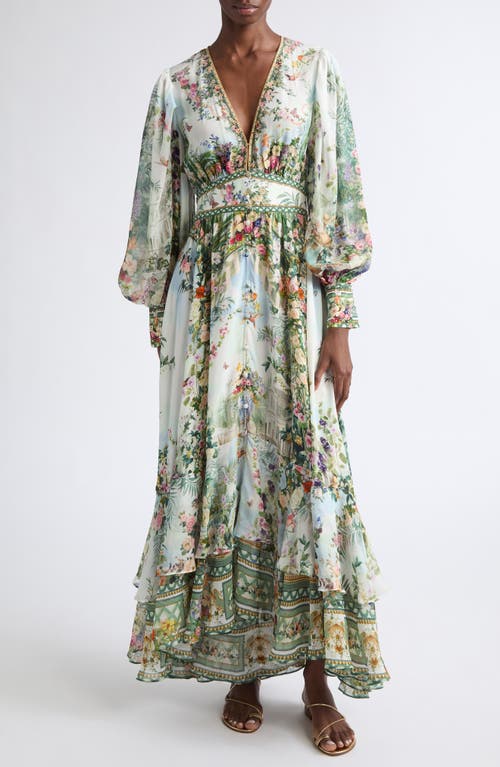 Camilla Floral Print Long Sleeve Button Front Silk Dress in Art For The Empress at Nordstrom, Size Medium