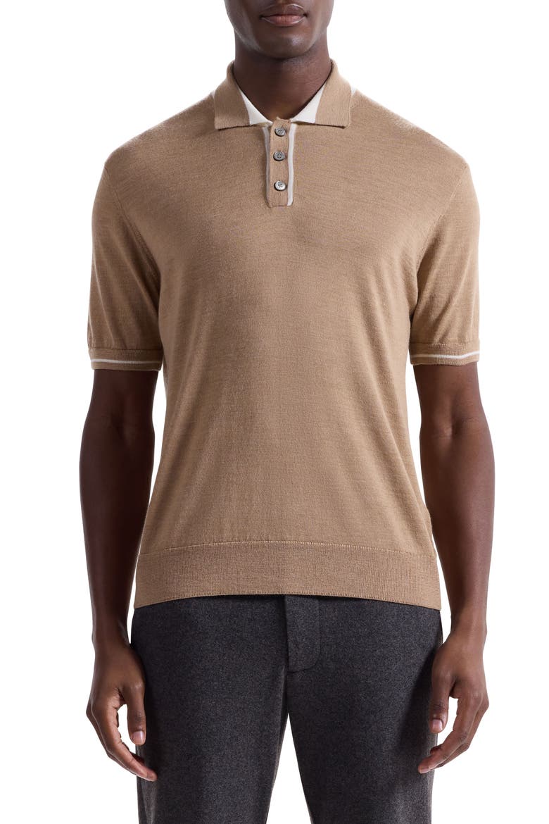 Tipped Merino Wool & Silk Polo Sweater, Main, color, WALNUT