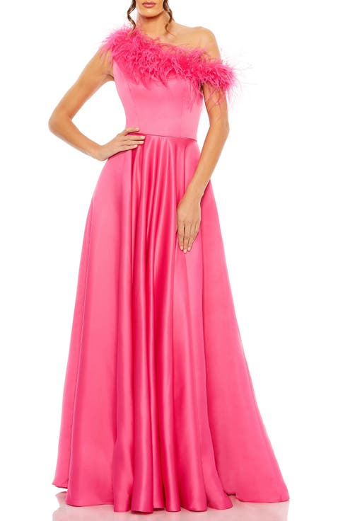 One Shoulder A Line Gown With Feather Detail