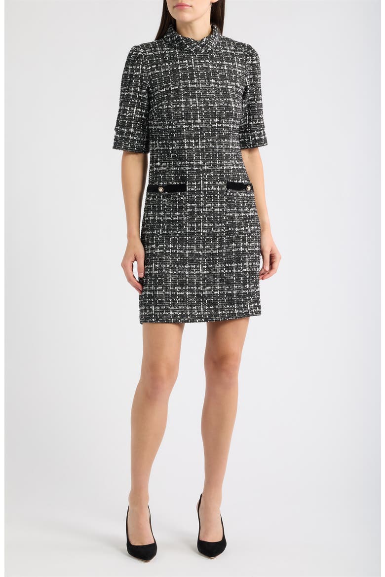 Faux Leather Trim Bouclé Dress, Main, color, BLACK MULTI