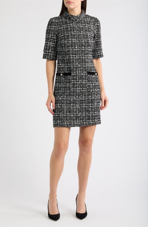 Faux Leather Trim Bouclé Dress