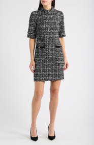 Julia Jordan Faux Leather Trim Bouclé Dress
