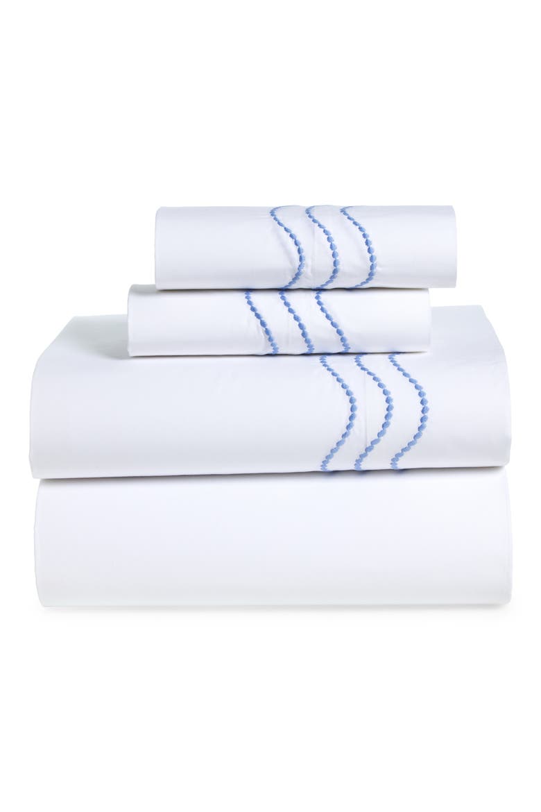 Serena Embroidered Percale Sheet Set, Main, color, AZURE