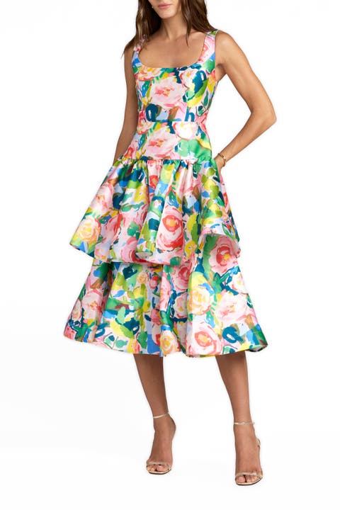 Floral Mikado Sleeveless Ruffle Midi Dress
