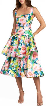 Mac Duggal Floral Mikado Sleeveless Ruffle Midi Dress