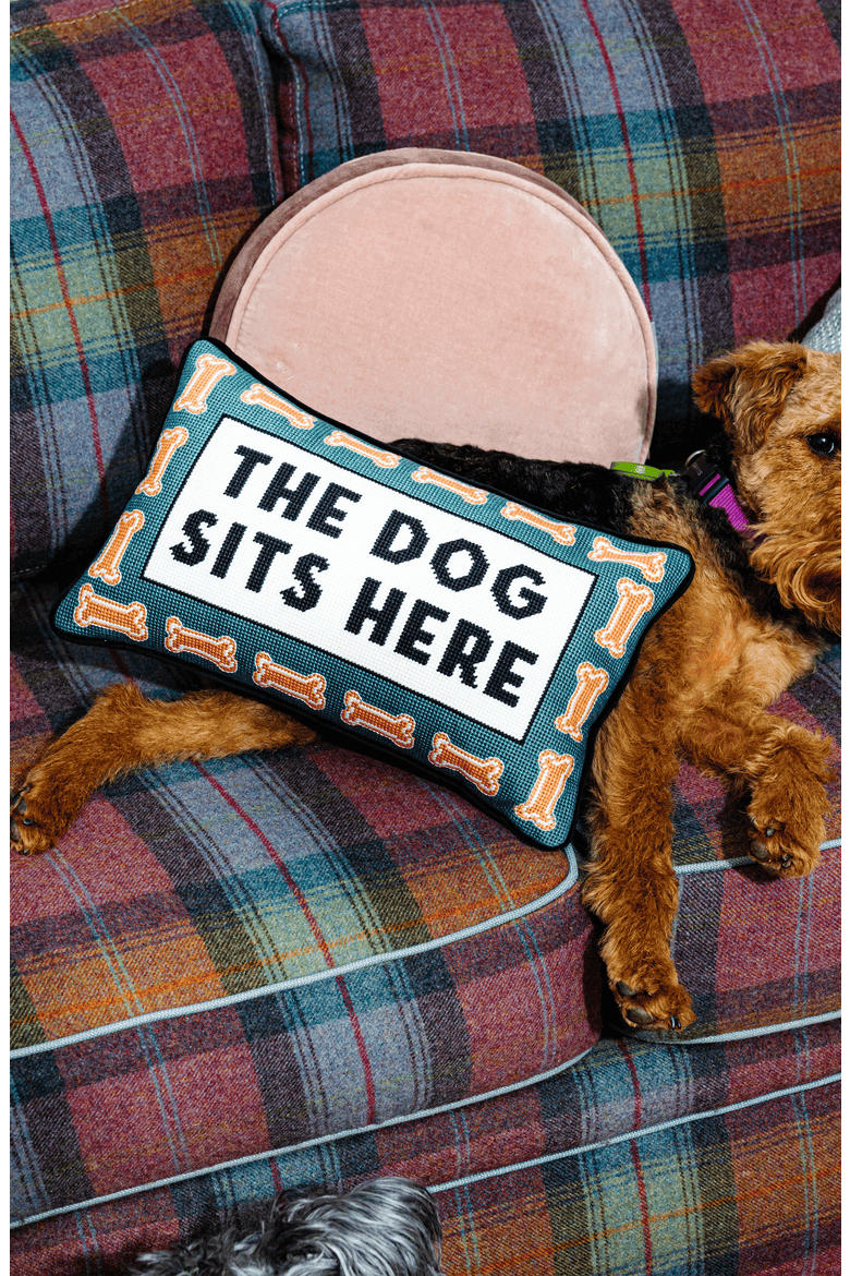 Dog Sits Here Needlepoint Pillow, Alternate, color, Black