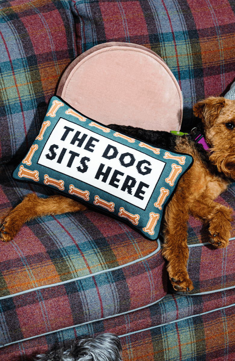 Furbish Dog Sits Here Needlepoint Pillow, Alternate, color, Black