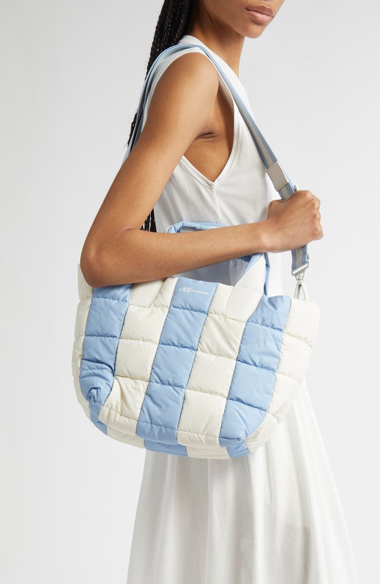 VeeCollective Small Porter Colorblock Recycled Nylon Tote, Alternate, color, Cerulean - Marshmallow Stripes