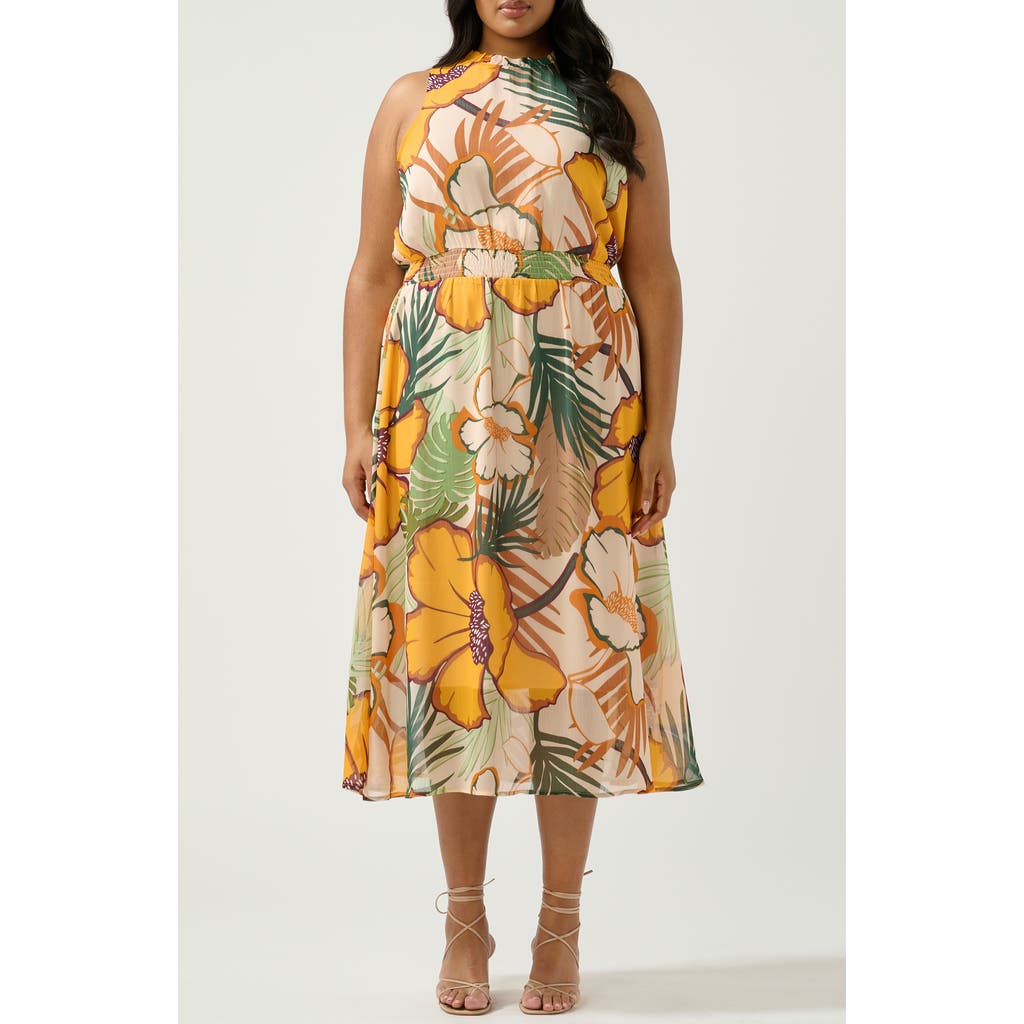Estelle Paradisa Print Back Tie Midi Dress In Primrose/fern