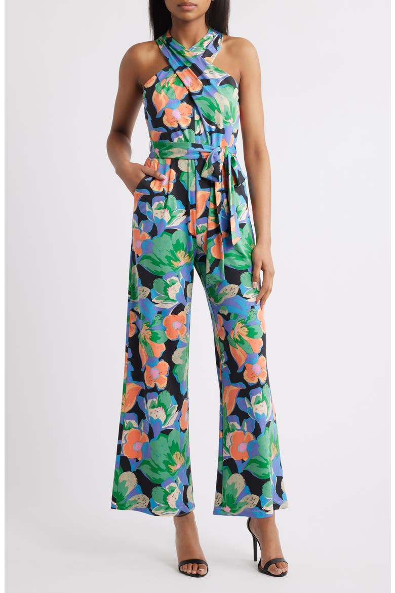 Print Twist Neck Tie Waist Wide Leg Jumpsuit, Main, color, BLACK/ GREEN/ ORANGE MULTI