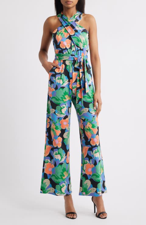 Print Twist Neck Tie Waist Wide Leg Jumpsuit (Petite)