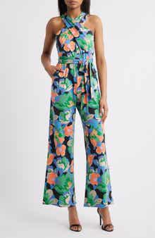 Print Twist Neck Tie Waist Wide Leg Jumpsuit