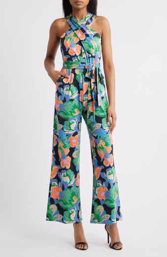 Print Twist Neck Tie Waist Wide Leg Jumpsuit