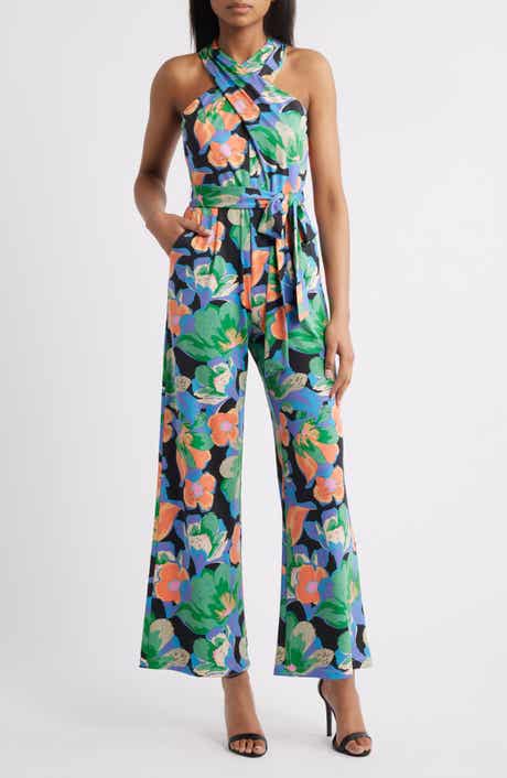 Print Twist Neck Tie Waist Wide Leg Jumpsuit